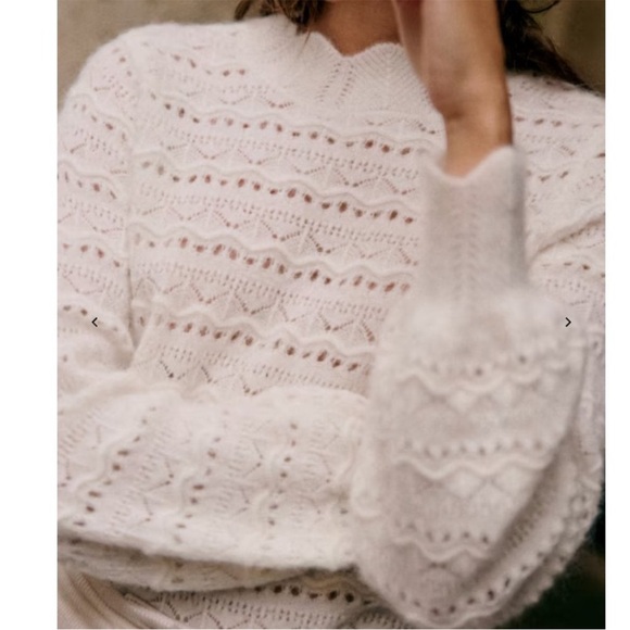 SEZANE Ecru Cream Open Knit Mohair Wool Scalloped Mock Neck Sweater Lya Jumper - Picture 7 of 12